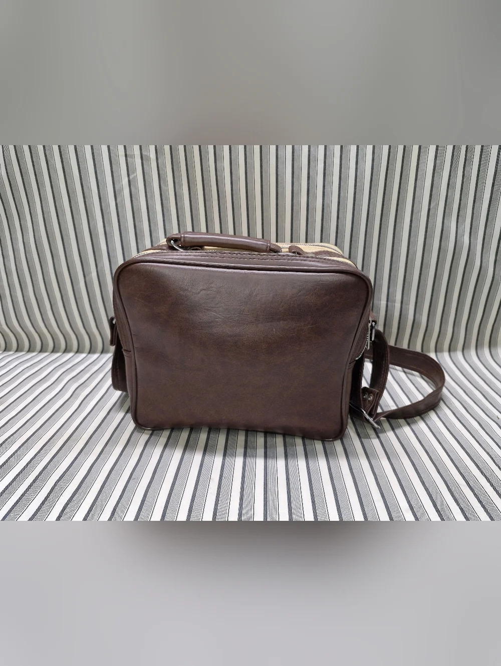 Vintage Camera Bag Canvas & Brown Leather Crossbody Multi Pocket